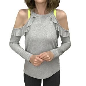 Beyond Yoga Frill Seeker Top Sz S New $110 Ruffled Cold Shoulder Gray Knit Modal
